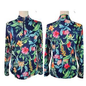 Gottex Blue Green Pink Floral Activewear Sun Shirt Mock Neck 1/2 Zip Shirt Top S
